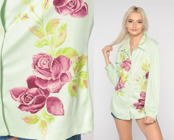 Rose Print Blouse 70s Green Floral Button Up Shirt Pointed Dagger Collar Long Sleeve Top Pastel Secretary Retro Boho Vintage 1970s Medium M