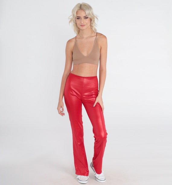 Shiny Red Pants 90s Flared Trousers Low Rise Bellbottoms Party Going Out Bell Bottom Flares Sexy Flared Leg Vintage 1990s Extra Small xs