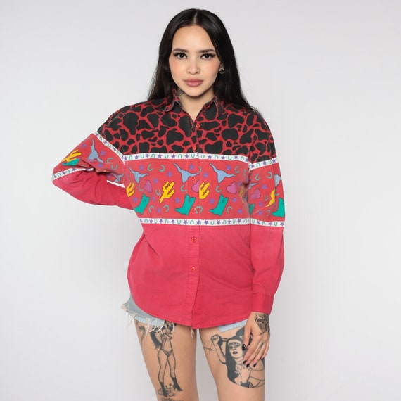 Western Shirt Red Cactus Shirt 90s Southwest Cowboy Boot Shirt Button Up Southwestern Shirt Cow Skull 80s Vintage Long Sleeve Small S