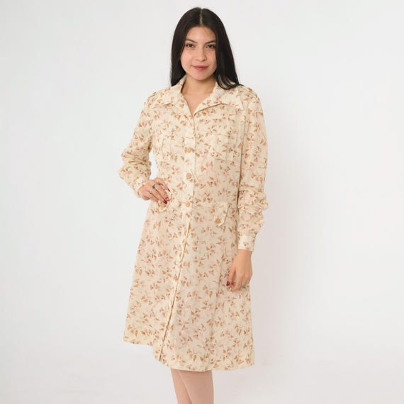 Vintage Floral Print Dress 70s Cream Midi Button Up Dress Tan Utility Pocket Dagger Collar Fitted Waist Long Sleeve Retro 1970s Large 12