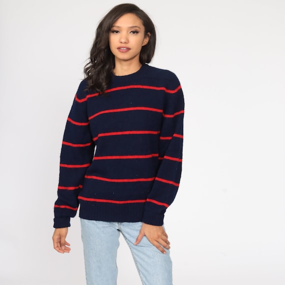 Blue Striped Sweater 80s Knit Wool Sweater Navy Pullover Sweater Tan Vintage Long Sleeve Jumper Medium Large
