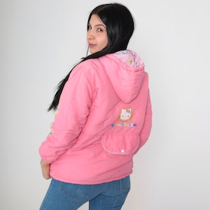 Reversible Hello Kitty Jacket Pink Hooded Jacket Gingham Hood Ski Jacket Insulated Puffer Zip Up Japanese Kawaii Jacket 00s Small Medium