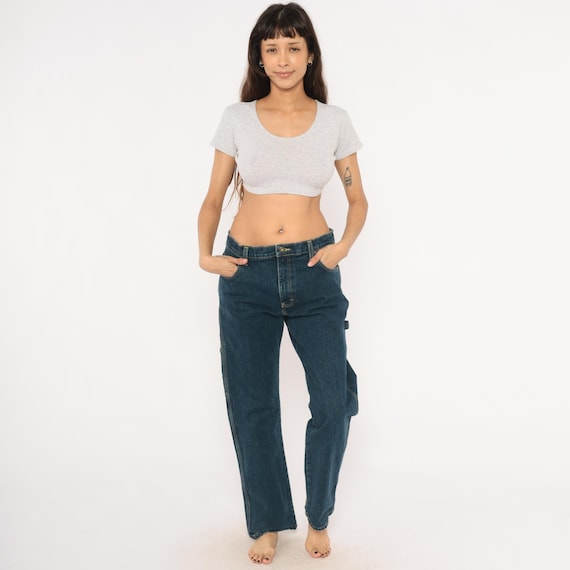 Dickies Carpenter Jeans Dark Wash Denim Straight Leg Workwear Utility Pants Blue Cotton Tool Pocket Loop Side Cargo Trousers 32 x 32 Medium