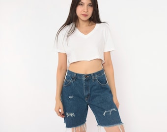Y2K Rustler Distressed Denim Shorts Blue Jean Cutoff Frayed Raw Hem High Rise Wide Leg Bermuda Baggy Summer Beach Cut Off Vintage Medium M