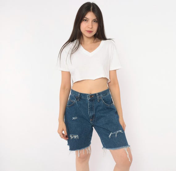 Y2K Rustler Distressed Denim Shorts Blue Jean Cutoff Frayed Raw Hem High Rise Wide Leg Bermuda Baggy Summer Beach Cut Off Vintage Medium M