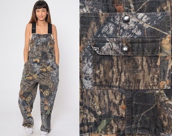 Camouflage Overalls 90s Camo Overall Pants Hunting Bib Camo Dungarees Green Brown Leaf Print Jumpsuit Vintage 1990s Fieldstaff Mens Large 36