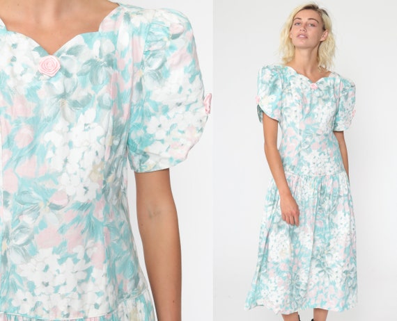 Pastel Floral Dress 80s Midi Puff Sleeve Dress Par
