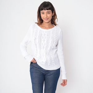 Ralph Lauren Sweater Y2K White Chunky Cable Knit Pullover Fisherman Sweater Retro Basic Crewneck Jumper Cotton Acrylic Vintage 00s Medium M