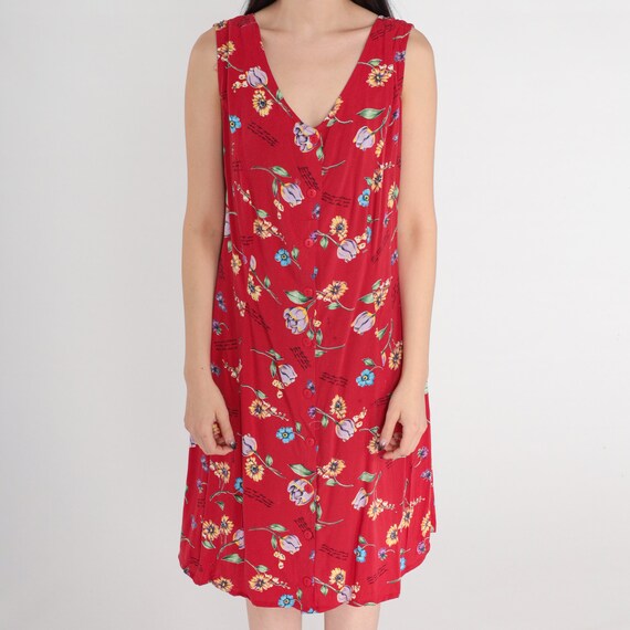 Red Floral Dress 90s Button up Mini Dress Cursive… - image 6
