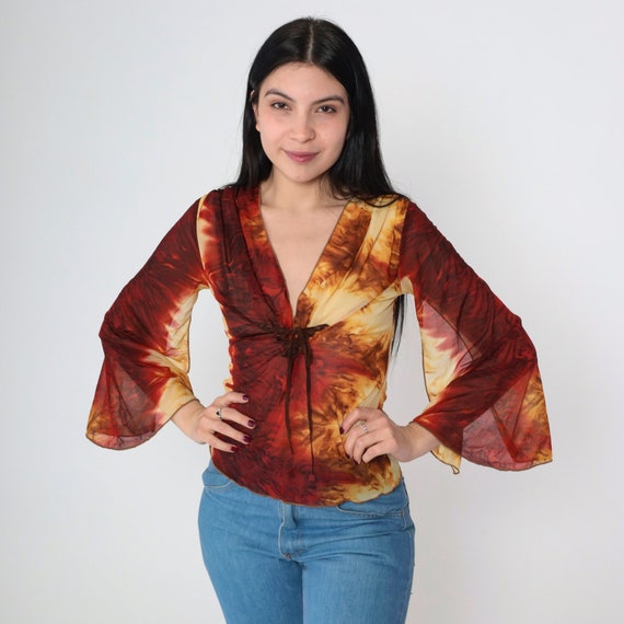 Mesh Tie Dye Top Y2K Sheer Bell Sleeve Shirt Flame Print Lace Up Corset Blouse Party Glam Going Out V Neck Tight Bodycon Vintage 00s Small S