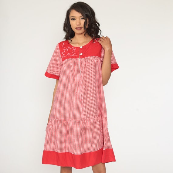 Checkered Lounge Dress 70s Mid Red Gingham Dress … - image 2