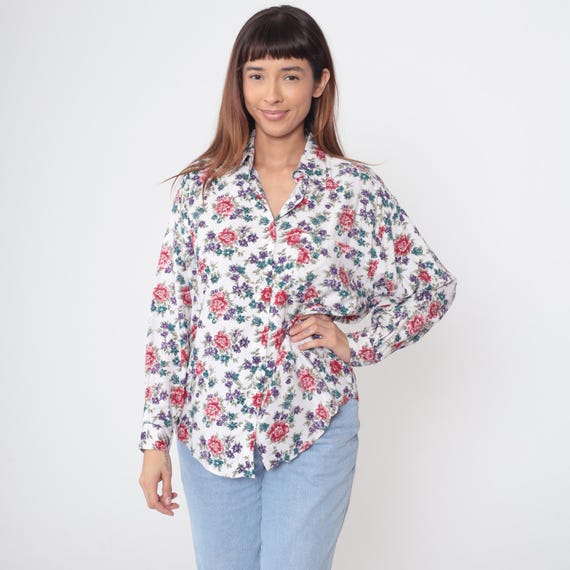 White Floral Shirt 90s Purple Pink Rose Print Vintage Long Sleeve Button Up Rayon Coquette Cottagecore Whismy Soft Goth Grunge Medium M 12