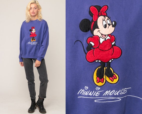 Minnie Mouse Sweatshirt Walt Disney Sweater Cartoon Shirt Graphic Print 90s Vintage Hipster Kawaii Purple Retro Large