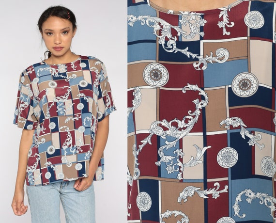 Geometric Blouse 90s Baroque Color Block Print Shirt Patterned Top Short Sleeve 80s Top Burgundy Blue Polyester Vintage 1990s Extra Large xl