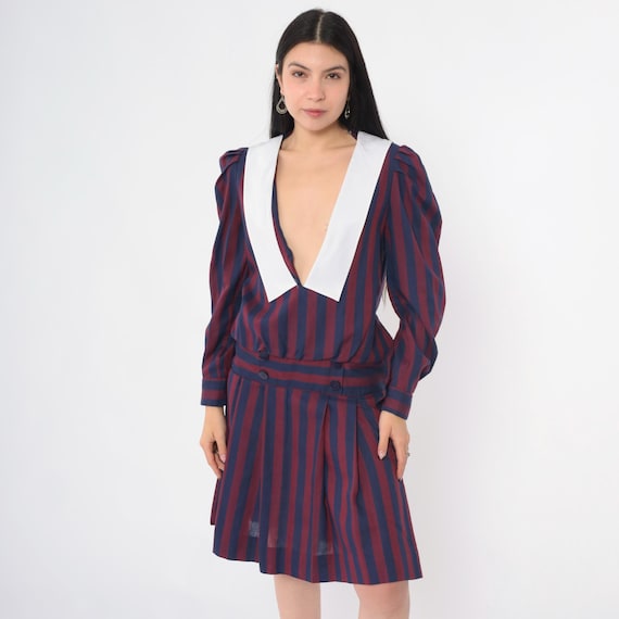 Vintage Striped Deep V Neck Dress 80s Puff Sleeve Chelsea Collar Plunge Neckline Drop Waist Pleated Purple Blue Shift 1980s Casual Small