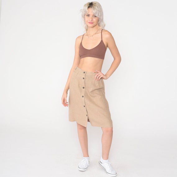 Linen Midi Skirt 80s Tan Button Up Straight Skirt… - image 2