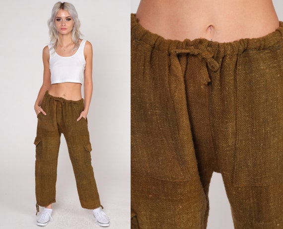 Brown Cargo Pants 70s Trousers Mid Rise Drawstring Waist Utility Pants Potato Sack Wool Hiking Climbing Retro Vintage 1970s Medium Large