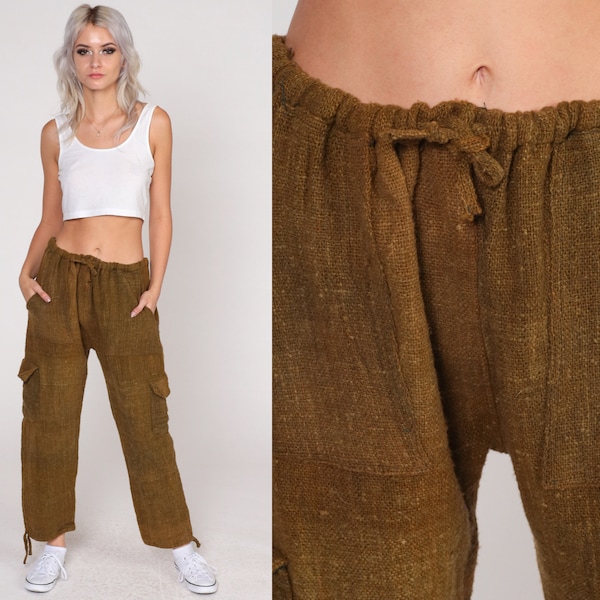 Brown Cargo Pants 70s Trousers Mid Rise Drawstring Waist Utility Pants Potato Sack Wool Hiking Climbing Retro Vintage 1970s Medium Large