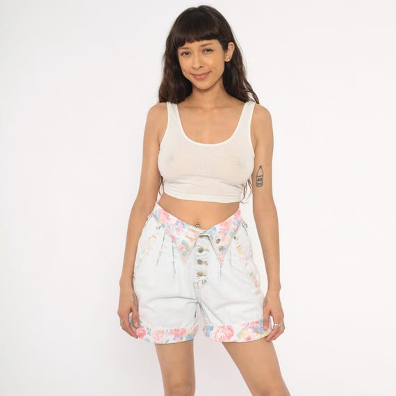 Floral Denim Shorts 90s Acid Wash Button Fly High Rise Pleated Cotton Jean White Pink Rose Print Cuffed Hem Western Yoke Traffic Medium M