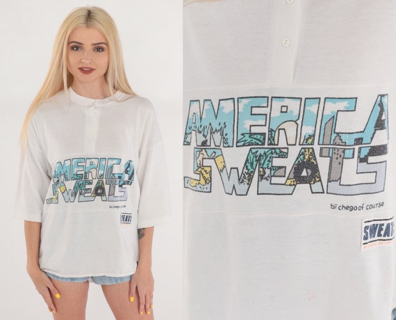 America Sweats Shirt 80s Henley T-Shirt Bichego of Course Logo Graphic Tee Streetwear Workout Top Half Button up White Vintage 1980s Medium