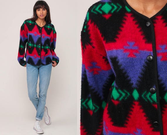 Blanket Jacket Tribal Fleece Jacket Ethnic Print BLAZER 90s Aztec SOUTHWESTERN Vintage Hipster Southwest Boho Hippie Red Purple Medium