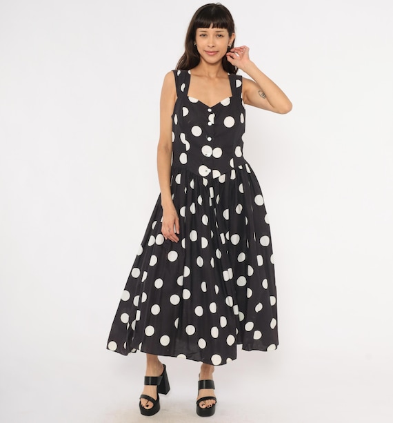 80s Polka Dot Sundress Black White Cotton Sweetheart Neckline Gathered Skirt Smocked Pockets Sleeveless Pin Up Rockabilly Extra Large XL