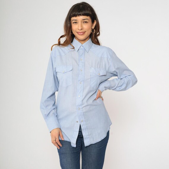 Vintage Striped Wrangler Western Shirt 90s Light Blue Pearl Snap Button up Cowboy Rodeo Westernwear Long Sleeve 1990s Men's Medium M