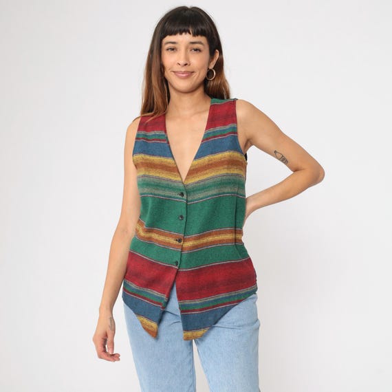 90s Striped Southwest Vest Green Woven Boho Print Hippie Southwestern Vest V Neck 1990s Bohemian Button Up Vintage Waistcoat Small S