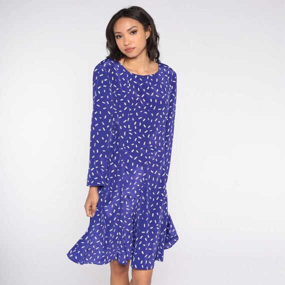 80s Confetti Dress Purple White Print A Line Dress Knee Length Casual Secretary Long Sleeve 1980s Vintage Retro Pattern Large L