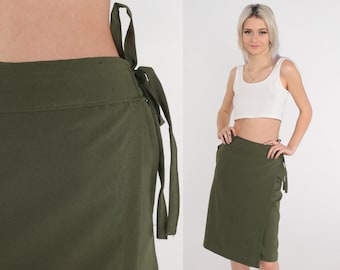 70s Wrap Skirt Olive Green High Waisted Midi Skirt Knee Length Plain Basic Summer Adjustable Simple Straight Cut Vintage 1970s Medium Large