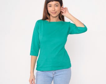 90s LL Bean Turquoise Top Cotton Teal Green Pullover Shirt Casual Basic Simple Vintage Minimalist Preppy Hiking Layering Winter Medium M