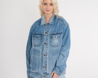 Wrangler Denim Jacket 90s Blue Button Up Jean Jacket Retro Biker Trucker Basic Plain Simple Streetwear Distressed Vintage 1990s Large L