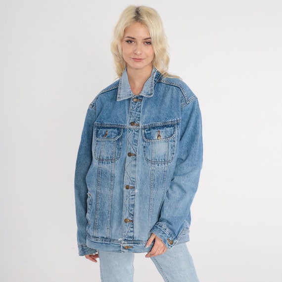 Wrangler Denim Jacket 90s Blue Button Up Jean Jacket Retro Biker Trucker Basic Plain Simple Streetwear Distressed Vintage 1990s Large L