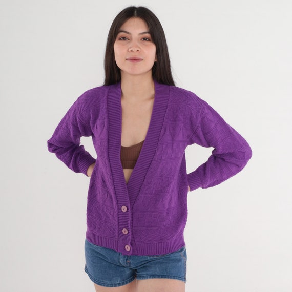 Purple Cardigan 80s Textured Knit Button up Sweater Heart Checkered Chevron Striped Jumper Retro Grandma Acrylic Vintage 1980s Small