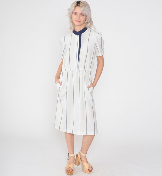 White Striped Dress 80s Midi Dress Puff Sleeve Da… - image 2