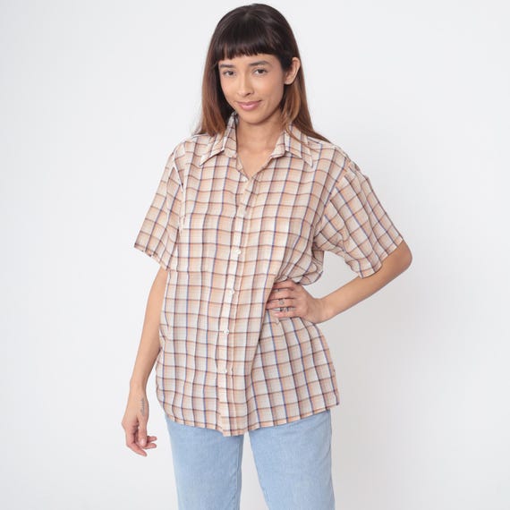 Beige Plaid Shirt 80s Van Heusen Brown Blue Check Vintage Short Sleeve Button Up Preppy Normcore Nerdcore Normie Neutral Medium M 10