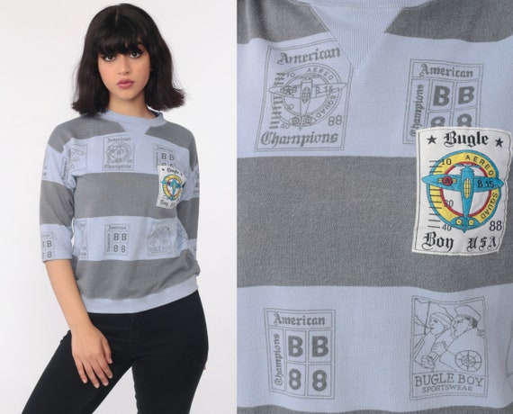 Bugle Boy Sweatshirt 90s STRIPED Sweatshirt Airplane Print Jumper 1980s Pastel Purple Grey Graphic Kawaii Crewneck 90s Small