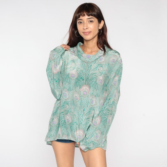 70s Peacock Feather Blouse Green Cowl Neck Shirt 70s Disco Shirt Campus Casuals 1970s Hippie Boho Long Sleeve Vintage Small Medium Large