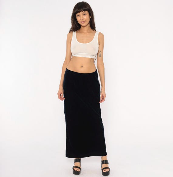 Velvet Maxi Skirt 90s Dark Blue Straight Column Midnight Evening Sleek Slip Gothic Grunge Alt Whismigoth Witchy Vintage Medium To Large M L