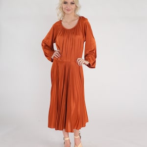 Rust Blouson Dress 70s Pleated Midi Dress Retro High Waisted Long Sleeve Draped Secretary Dress Simple Plain Party Vintage 1970s Large L