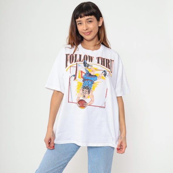 90s Basketball Tee Follow Thru White Graphic Shirt Upside Down Dunk Player Cartoon Sports Streetwear Unisex Athletic Vintage Extra Large XL