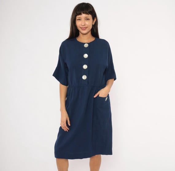 80s Navy Button Front Dress Leslie Fay Elastic Waist Patch Pocket Round Neck Stitch Detail Cobalt Blue Relaxed Fit Vintage Womens Large L