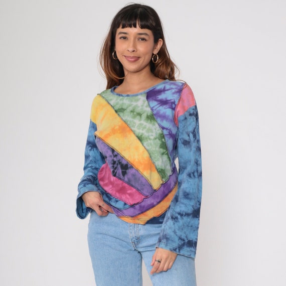 Y2K Tie Dye T Shirt Panel Blue Green Yellow Purple Tshirt Hippie Psychedelic Top Festival Blouse 1990s Vintage 00s Long Sleeve Medium