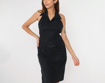 Vestido vintage de los años 90 con cuello halter, negro, minimalista, ajustado, para cóctel, sin mangas, midi, vestido tubo con espalda abierta, formal, para fiestas, talla mediana 9