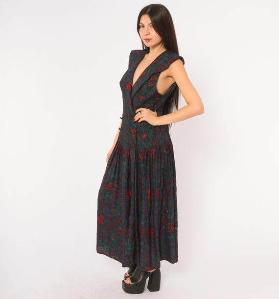 80s Scott Mcclintock Paisley Floral Dress Teal Red Sleeveless V Neck Drop Waist Shawl Collar Quilted Dark Cottagecore Grunge Vintage Medium