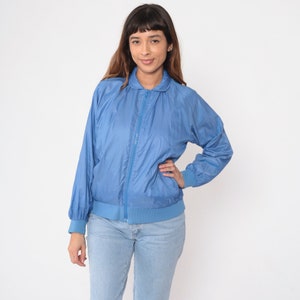 Vintage Blue Windbreaker 80s Nylon Jacket Zip Up Retro 1980s Plain Raglan Sleeve Basic Lightweight Size Medium