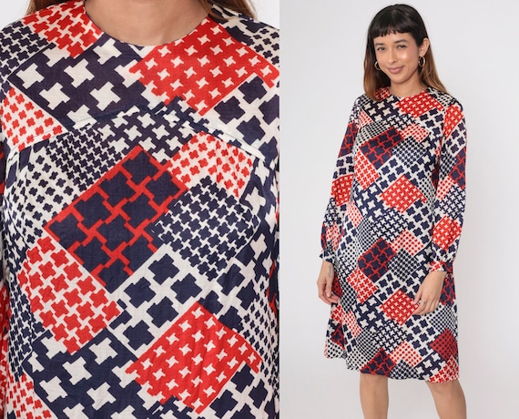 60s Mod Dress Patchwork Checkered Dress Red White… - image 1