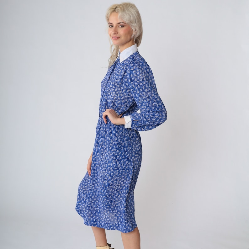 80s Secretary Dress Blue Collared Midi Dress Puff Sleeve White Ditsy Dot Abstract Stick Print High Waisted Long Sleeve Vintage 1980s Small S image 4