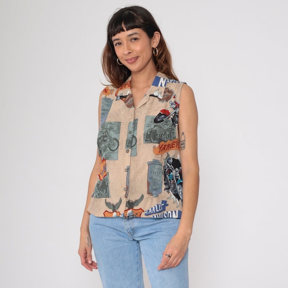 90s Harley Davidson Shirt Button Up Biker Tank Top Greatest Motorcycle On Earth 1990s Vintage Tan Eagle Print Sleeveless Blouse Medium Large