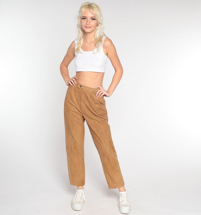 80s Suede Pants Brown Leather Pants Straight Leg Boho Western High Waisted Pants 1980s Trousers Vintage Bohemian High Waist Small s image 3